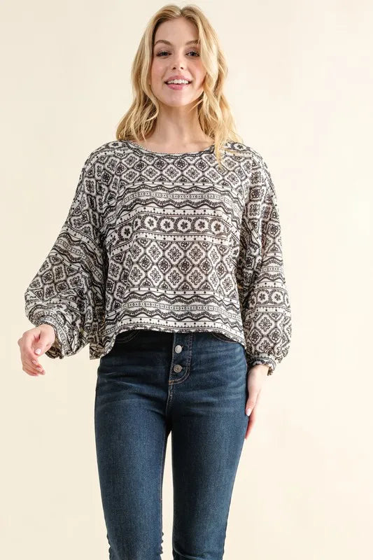 And The Why Cozy Textured Printed Casual Top in Black