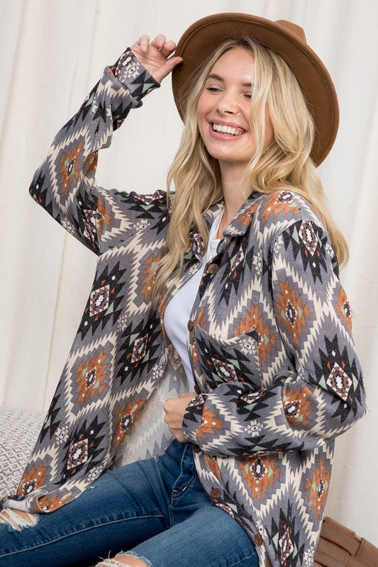 e Luna PLUS Fuzzy Aztec Button Down Shacket