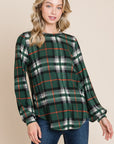 BOMBOM Curved Hem Plaid Round Neck Long Sleeve Top