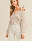 MABLE Off Shoulder Self Tie Strap Button Down Sweater