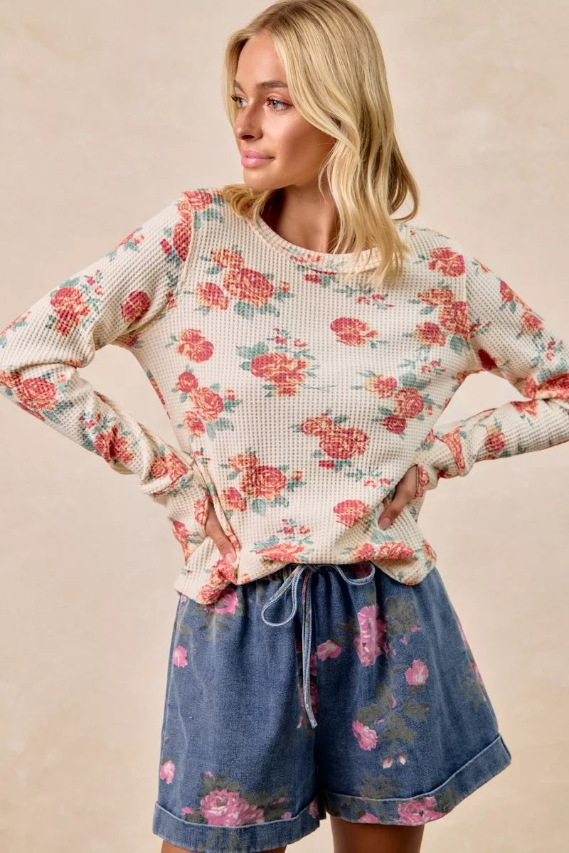 BiBi Floral Print Washed Waffle Thermal Top With Thumb
