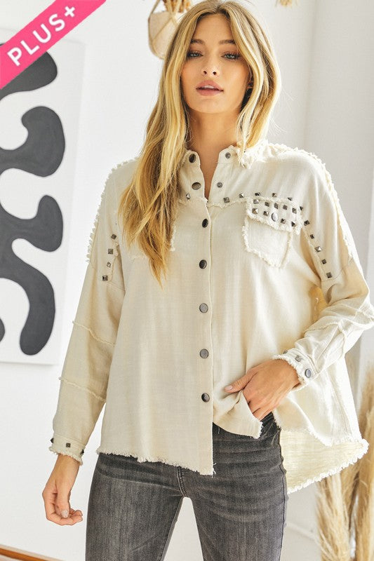 Davi &amp; Dani Plus Distressed Hem Oversize Shirt - Online Only