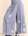 Davi & Dani Smocked Waist Flower Patch Wide Leg Pants