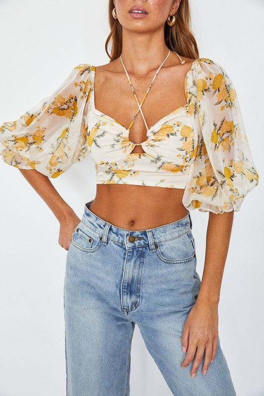 One and Only Collective Inc Chiffon Balloon Sleeved Bustier Crop Top