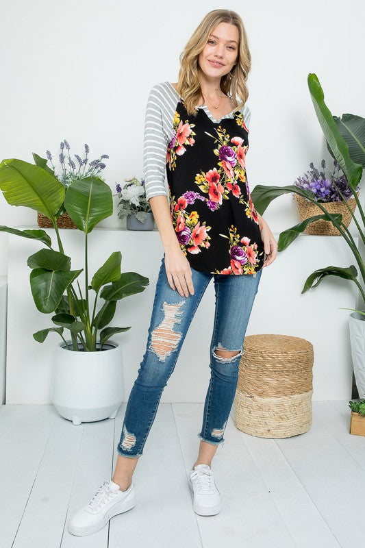 Plus Floral Mixed Henley Top - Online Only