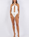 One Piece Bathing Suit Deep Open Front with Belted Waist