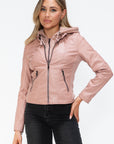 Snobbish Faux Leather Zip Up Drawstring Hooded Jacket