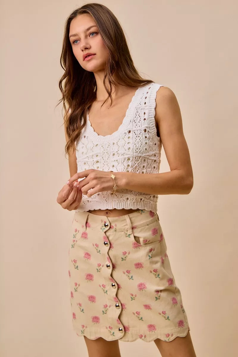 SO ME Floral Rose Print Cotton Twill Scallop Mini Skirt