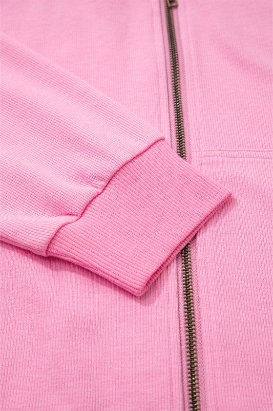 Solid Ribbed Zip-Up Drawstring Hooded Jacket in Pink