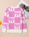 Pink Bow Knot Two Tone Checkered Crew Neck Sweater