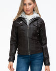 YMI Removable Faux Layered Multi-Pocket Jacket with Fuzzy Hood