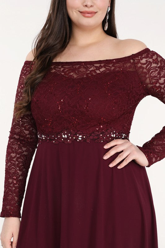 La Scala Plus Size Long Sleeve Lace and Chiffon Gown