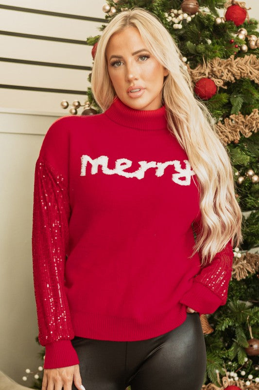 Christmas Merry Sequin Sleeve Turtleneck Sweater