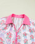 Floral Collared V-Neck Ruffle 3/4 Sleeve Shirt