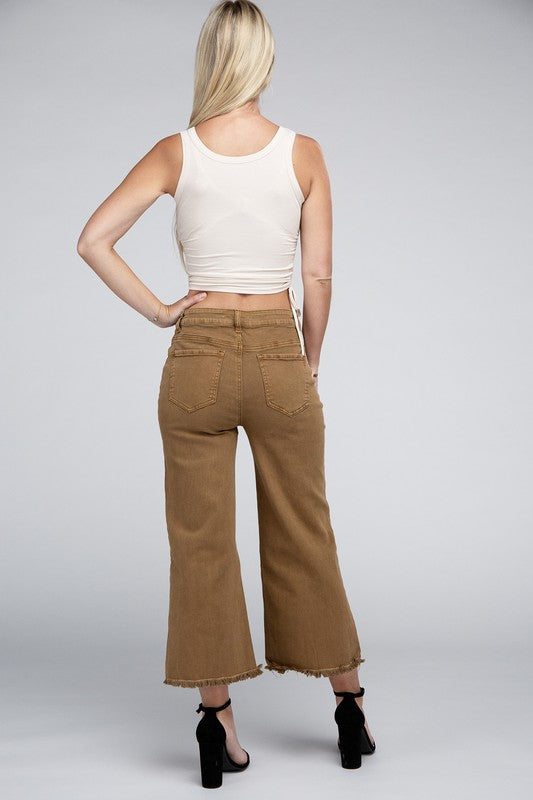 Zenana Acid Washed High Waist Frayed Hem Straight Pants