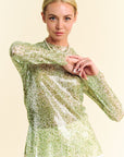 Davi & Dani Sequin Mock Neck Long Sleeve Mesh Top