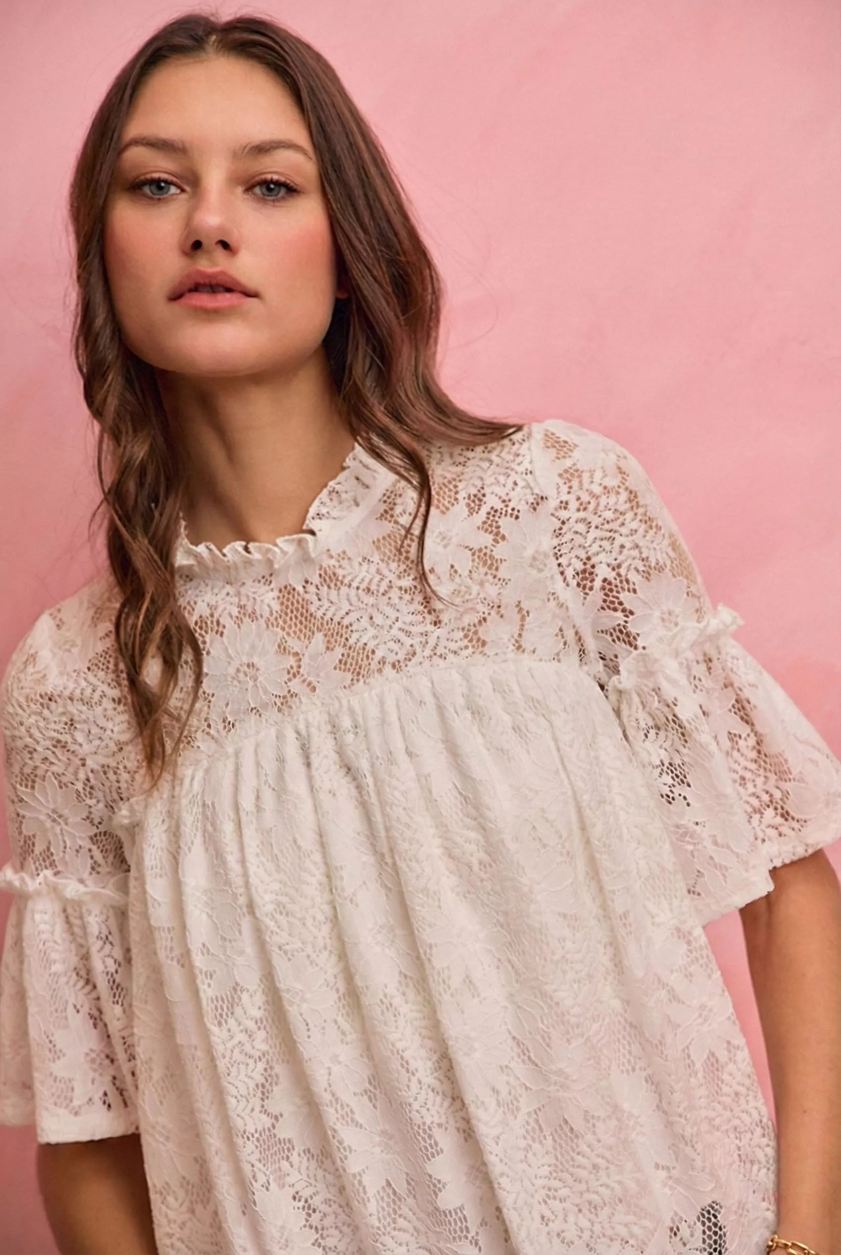 SO ME Lace Ruffled Short Sleeves Swing Top