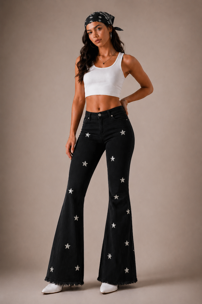 GJG Denim Midnight Stardust Star-Studded Bell Bottom Jeans — Black
