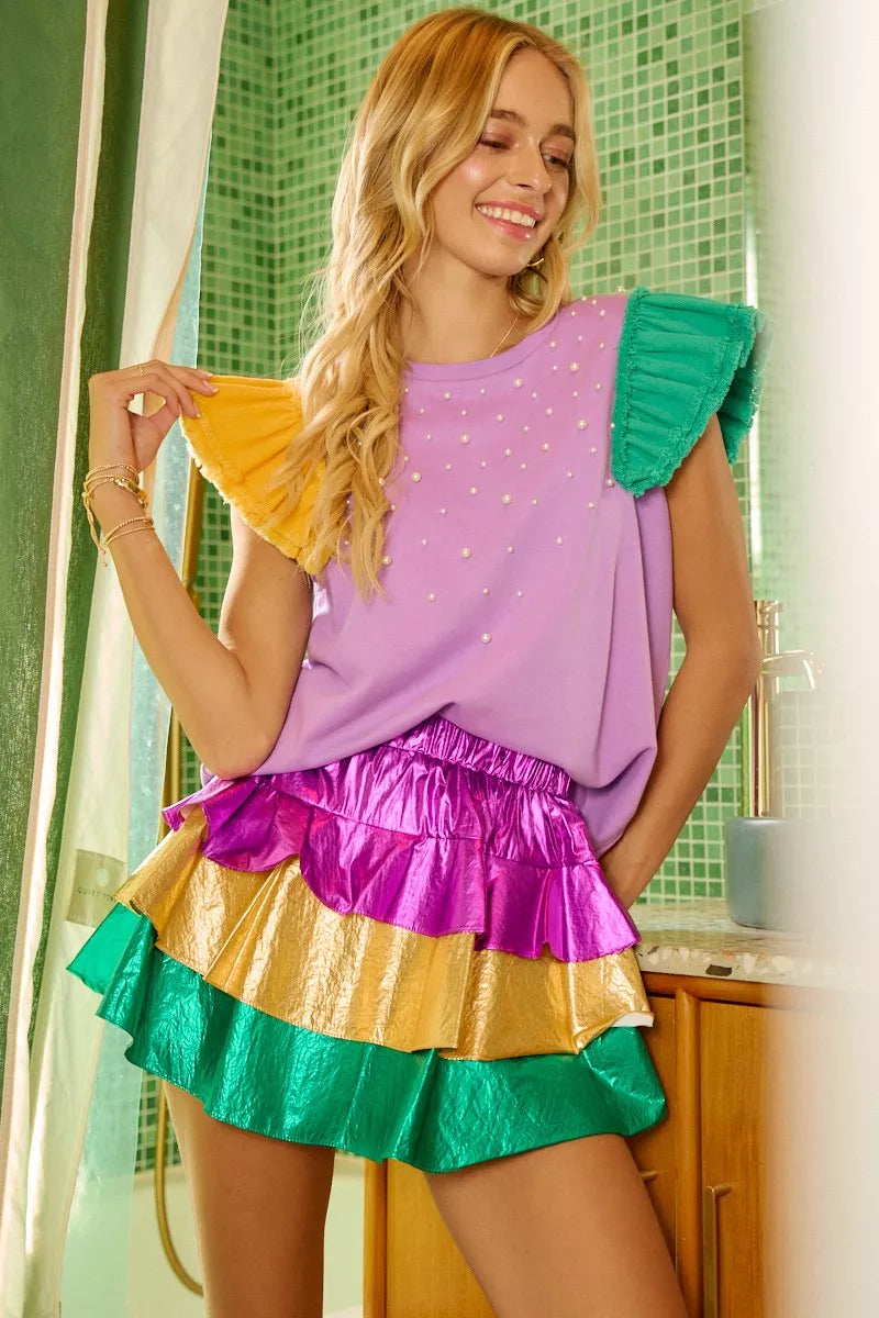 BiBi Mardi Gras Color Block Metallic Tiered Skirt