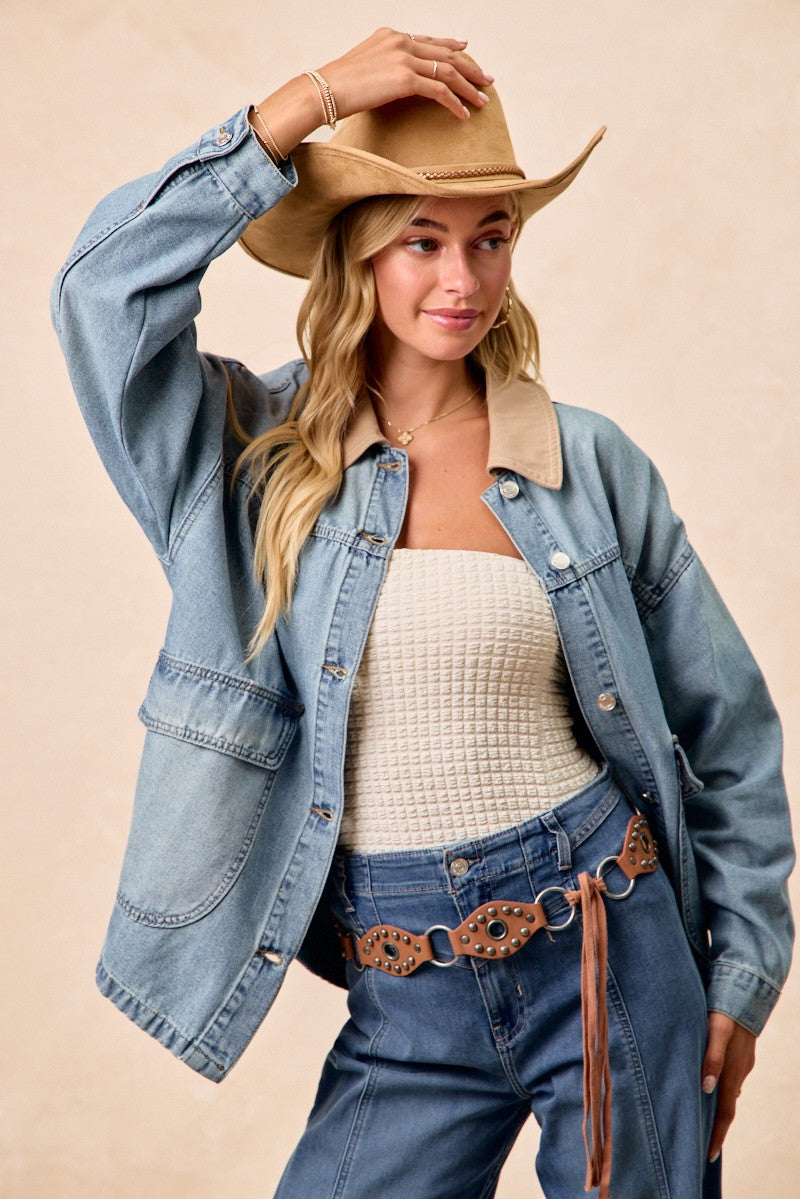 BiBi Washed Denim Contrast Collar Jacket