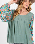 SAGE + FIG Ruched Round Neck Printed Bubble Sleeve Top