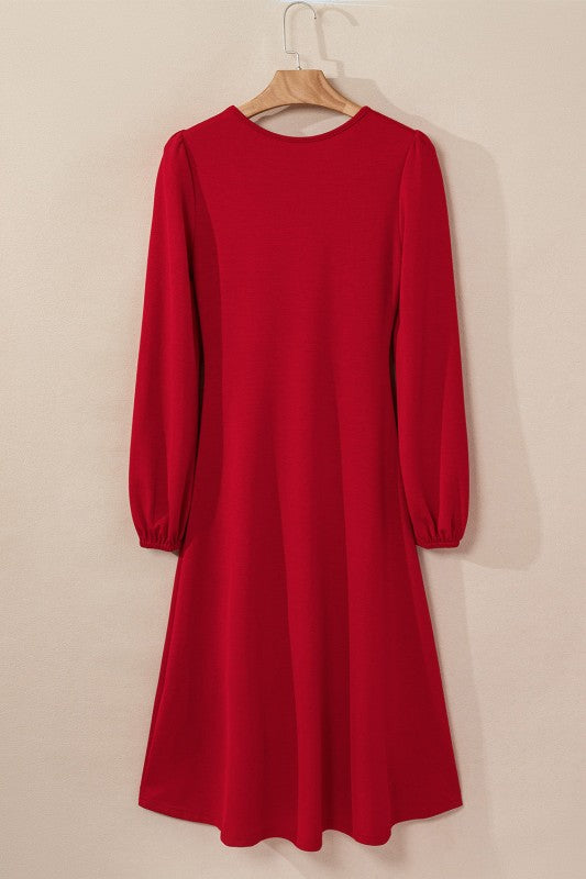 Solid Ruched Long Sleeve Midi Dress