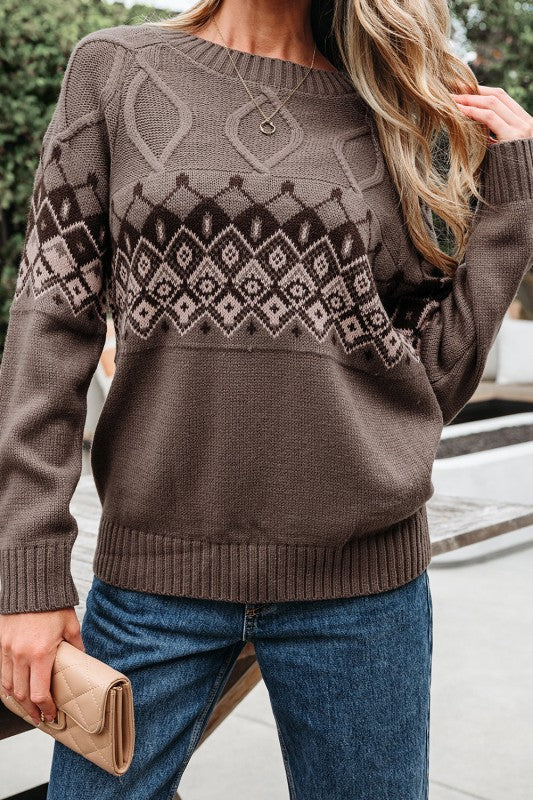 Alana Western Geometric Patterned Crew Neck Sweater