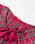 Plaid Collared Bow Tie Ruffle Long Sleeve Blouse