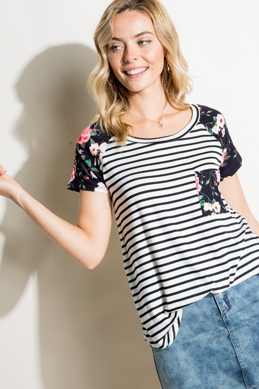 e Luna Striped Floral Mix Short Sleeve Top