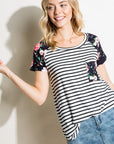 e Luna Striped Floral Mix Short Sleeve Top