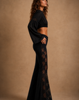 GJG Denim Raven Floral Lace Bell Bottom Jeans — Black