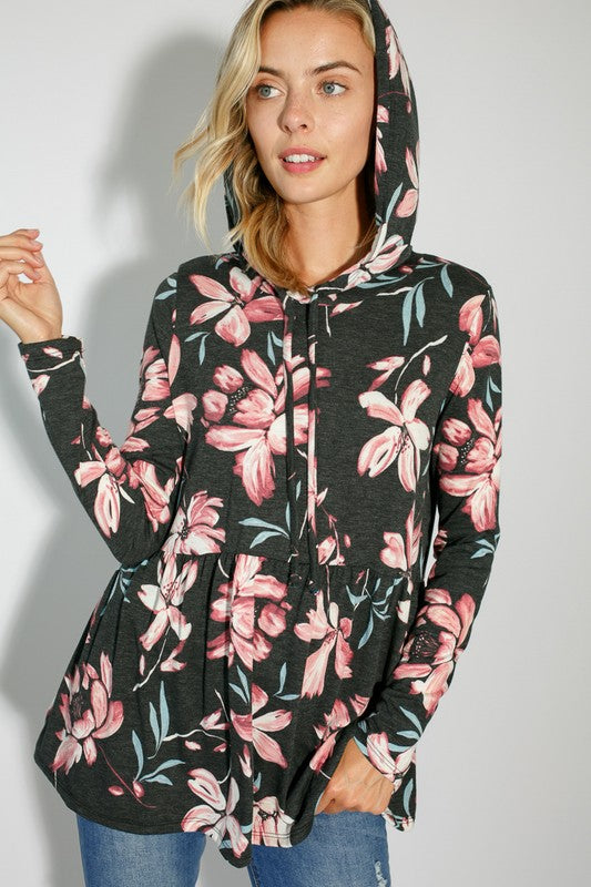 e Luna Floral Jersey Babydoll Hoodie Casual Top