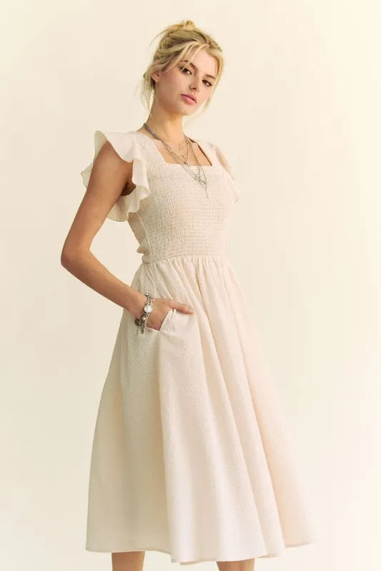 Davi & Dani Ruffled Cap Sleeve Smocked Mini Dress in Cream