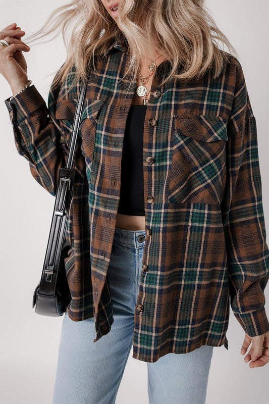 Women&#39;s Plaid Print Pockets Buttoned Shirt Jacket