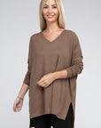 Zenana Dolman Long Sleeve V-Neck Side Slit Hi-Low Hem Top