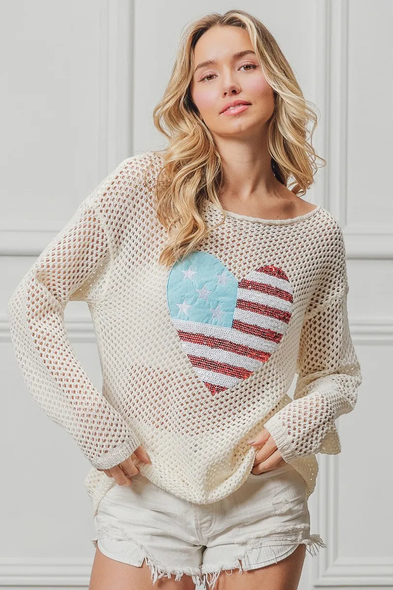 BiBi Sequin American Flag Heart Knit Cover Up