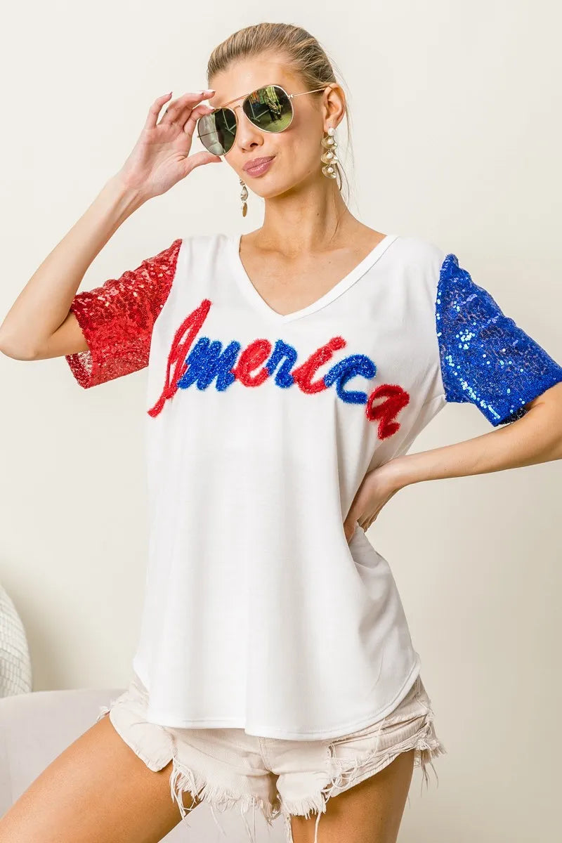 BiBi Metallic Letter V-neck Sequin Sleeves Top in Cream