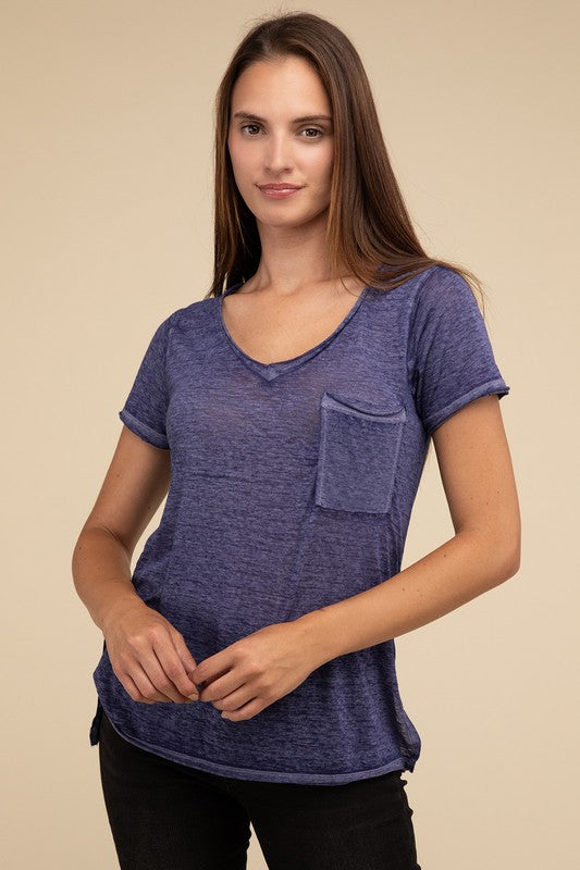 ZENANA Washed Melange Burnout Scoop V-Neck Top