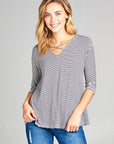 e Luna Striped Jersey Lace Up Neck Casual Top