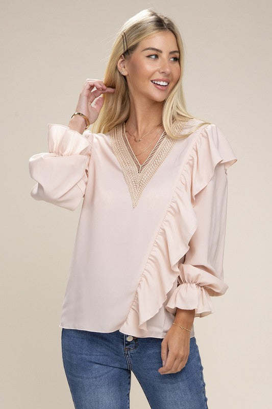 V-Neck Lace Trim Long Sleeve Blouse – My Pampered Life Seattle