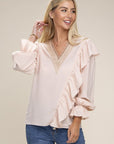 V-Neck Lace Trim Long Sleeve Blouse