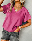 Bright Pink Crinkled V Neck Wide Sleeve T-shirt