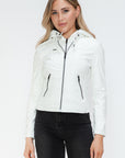 Snobbish Faux Leather Zip Up Drawstring Hooded Jacket