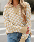 Checkered Buttons V Neck Drop Shoulder Sweater