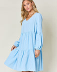 Double Take Full Size V-Neck Balloon Sleeve Tiered Dress with Pockets