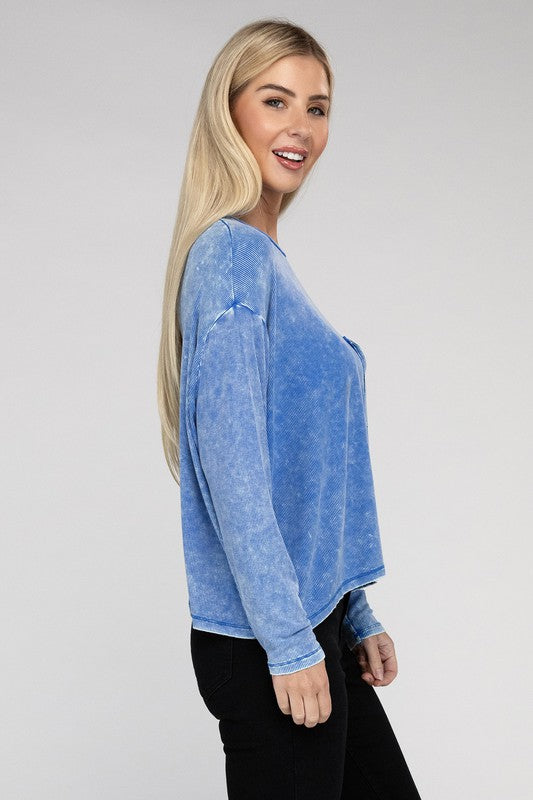 Zenana Washed Ribbed Dolman Sleeve Round Neck Top