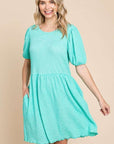 Culture Code Full Size Textured Round Neck Puff Sleeve Dress