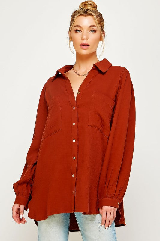 Textured Gauze Button Down Puff Sleeve Blouse