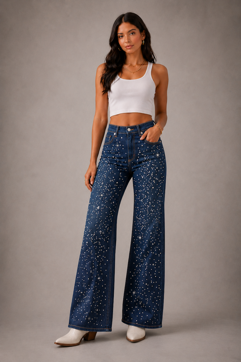 GJG Denim Celeste Rhinestone Wide-Leg Jeans — Dark Wash