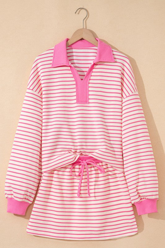 Stripe Collared V-Neck Pullover and Skort Set